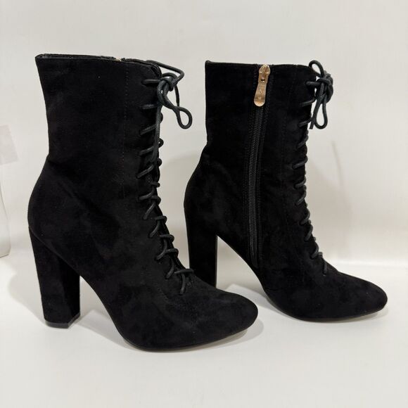 X2B Booties Woman 7 Lace Black Lace Up Block Heel Side Zipper Faux Suede - Picture 2 of 16